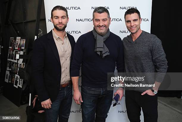 Steve Mcsween, Vice President Global Design Men's Nautica poses with actors Chace Crawford and Colin Egglesfield at the Nautica Men's Fall 2016...