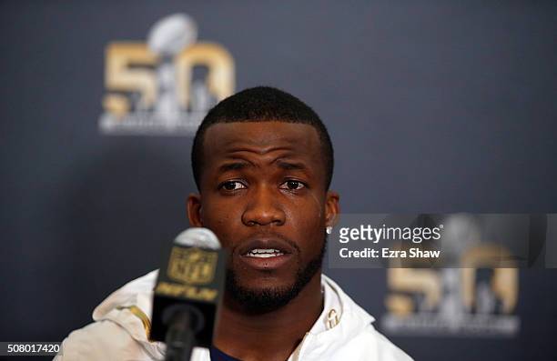 Denver Broncos running back Ronnie Hillman speaks to the media at the Broncos media availability at the Santa Clara Marriott on February 2, 2016 in...