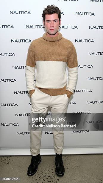 Model Sean O'Pry poses backstage at the Nautica Men's Fall 2016 fashion show during New York Fashion Week Men's Fall/Winter 2016 at Skylight Modern...