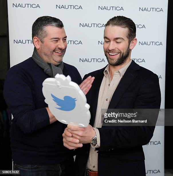 Steve Mcsween, Vice President Global Design Men's Nautica and actor Chace Crawford pose backstage at the Nautica Men's Fall 2016 fashion show during...