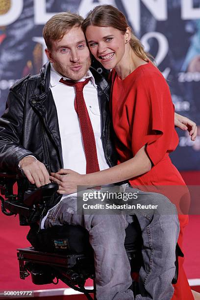 Samuel Koch and girlfriend Elena Timpe attend the Berlin fan screening of the film 'Zoolander No. 2' at CineStar on February 2, 2016 in Berlin,...