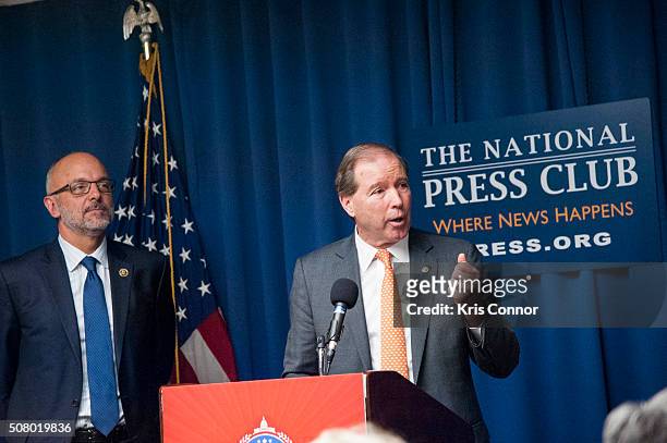 Rep. Ted Deutch and Sen. Tom Udall speak during the "Working To Get Big Money Out Of Politics Forum" press conference at The National Press Club on...