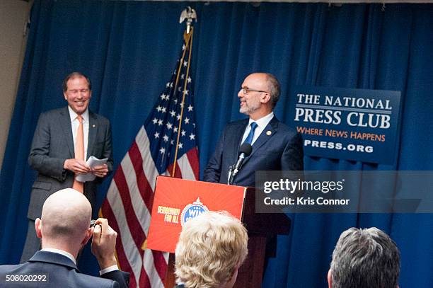 Rep. Ted Deutch and Sen. Tom Udall speak during the "Working To Get Big Money Out Of Politics Forum" press conference at The National Press Club on...