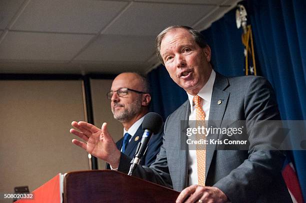 Rep. Ted Deutch and Sen. Tom Udall speak during the "Working To Get Big Money Out Of Politics Forum" press conference at The National Press Club on...