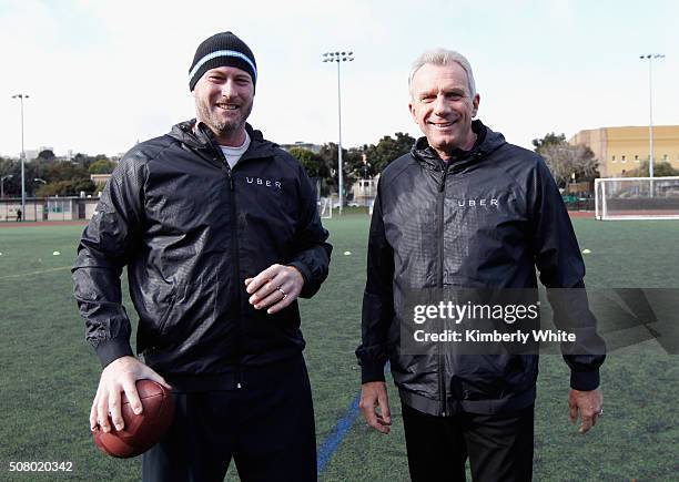 Former NFL quarterback Trent Dilfer and former NFL quarterback Joe Montana attend "QB Legends On Demand" presented by Uber and Bai at Raymond Kimbell...