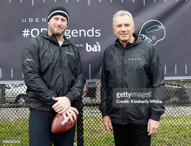 Former NFL quarterback Trent Dilfer and former NFL quarterback Joe Montana attend "QB Legends On Demand" presented by Uber and Bai at Raymond Kimbell...