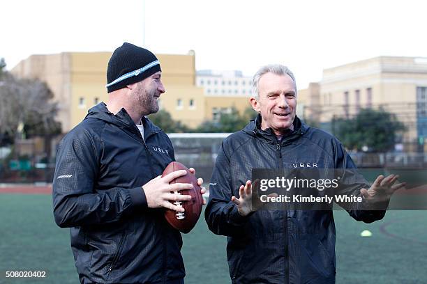 Former NFL quarterback Trent Dilfer and former NFL quarterback Joe Montana attend "QB Legends On Demand" presented by Uber and Bai at Raymond Kimbell...