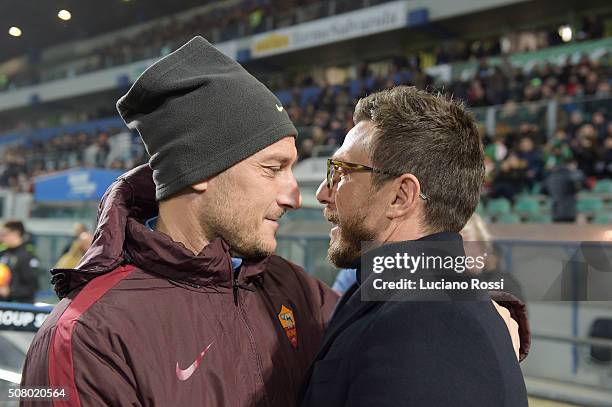 Roma player Francesco Totti with US Sassuolo coach Eusebio Di Francesco before the Serie A match between US Sassuolo Calcio and AS Roma at Mapei...