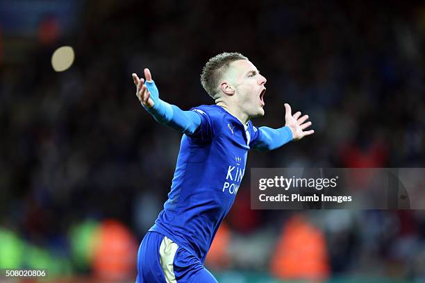 Jamie Vardy of Leicester City celebrates after scoring to make it 1-0 during the Barclays Premier League match between Leicester City and Liverpool...