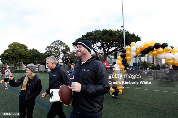 Former NFL quarterback Joe Montana and Former NFL quarterback Trent Dilfer attend "QB Legends On Demand" presented by Uber and Bai at Raymond Kimbell...