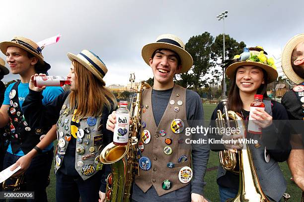 Band members pose with Bai during "QB Legends On Demand" presented by Uber and Bai at Raymond Kimbell Playground on February 2, 2016 in San...