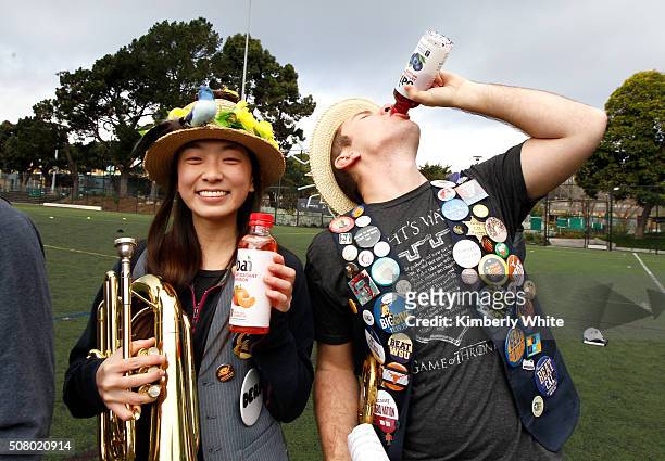 Band members pose with Bai during "QB Legends On Demand" presented by Uber and Bai at Raymond Kimbell Playground on February 2, 2016 in San...