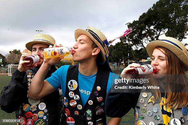 Band members pose with Bai during "QB Legends On Demand" presented by Uber and Bai at Raymond Kimbell Playground on February 2, 2016 in San...