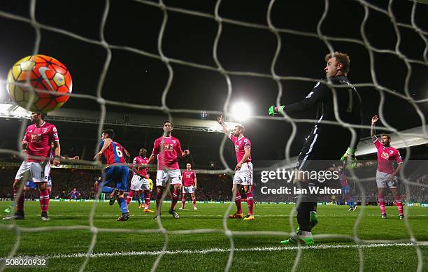 Scott Dann of Crystal Palace celebrates scoring his team's first goal past Artur Boruc of Bournemouth during the Barclays Premier League match...