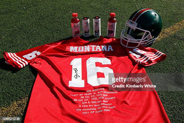 Signed Joe Montana jersey on display at "QB Legends On Demand" presented by Uber and Bai at Raymond Kimbell Playground on February 2, 2016 in San...