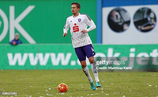 Alexander Dercho of Osnabrueck runs with the ball during the third league match between FC Hansa Rostock and VFL Osnabrueck at Ostseestadion on...