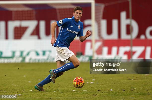 Florian Esdorf of Rostock runs with the ball during the third league match between FC Hansa Rostock and VFL Osnabrueck at Ostseestadion on January...