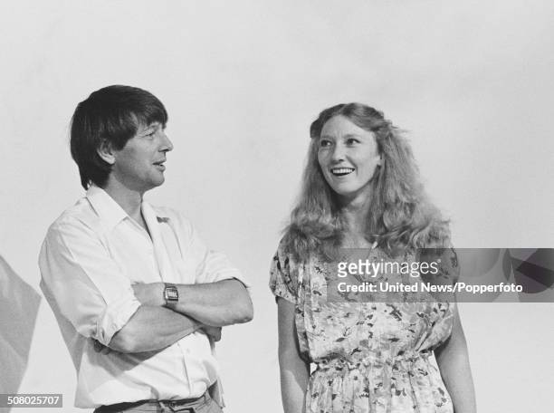 English television presenters John Noakes and Lesley Judd pictured together on the set of the BBC children's television series Blue Peter in London...