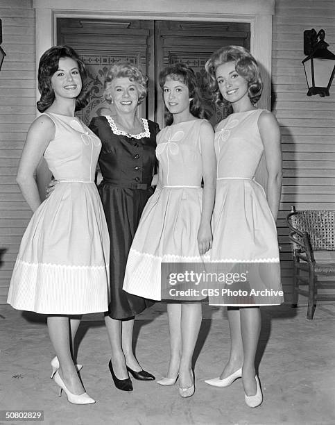 Portrait of an early version of the cast of 'Petticoat Junction,' California, April 24, 1963. Left to right, American actresses Pat Woodell , Bea...