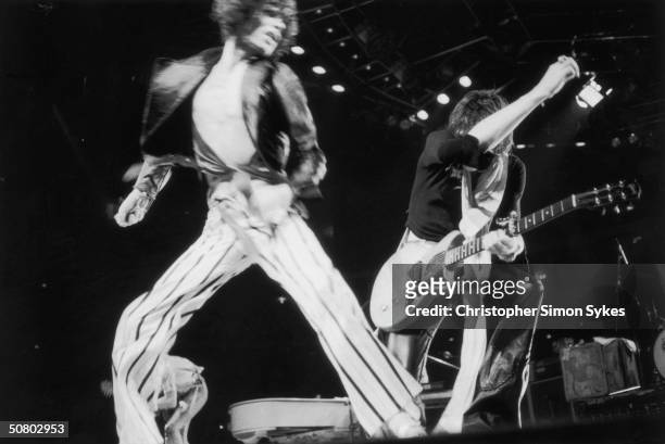 Mick Jagger and Keith Richards in action during the Rolling Stones' 1975 Tour of the Americas.
