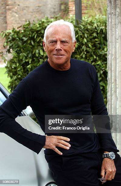 Giorgio Armani poses during the opening of his retrospective exhibition at the Baths of Diocletiano on May 5, 2004 in Rome, Italy.