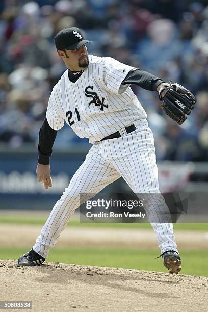 Esteban Loaiza of the Chicago White Sox on the mound during the game against the Kansas City Royals at U.S. Cellular Field on April 13, 2004 in...