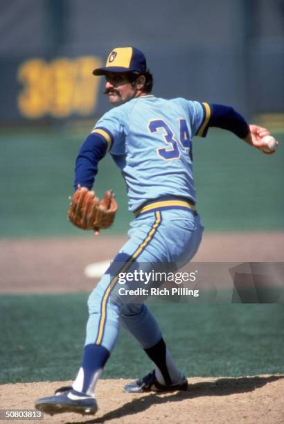 Rollie Fingers of the Milwaukee Brewers pitches during a game circa 1981-85.