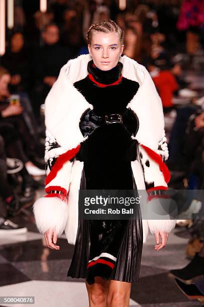 Model on the runway for Kopenhagen Fur's Imagine Talents 2016 Fashion Show on February 2, 2016 in Copenhagen, Denmark.