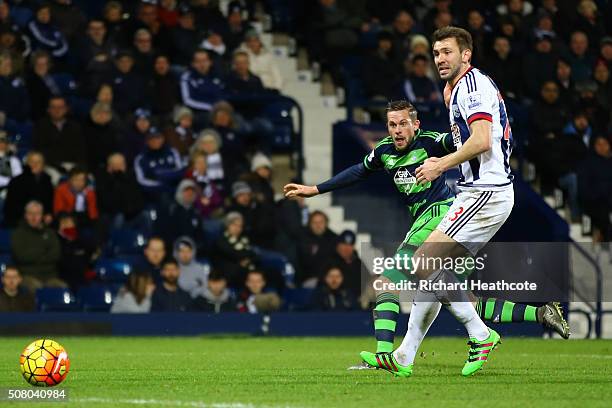 Gylfi Sigurdsson of Swansea City scores his team's first goal during the Barclays Premier League match between West Bromwich Albion and Swansea City...