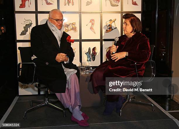 Manolo Blahnik and Suzy Menkes attend the Manolo Blahnik store launch in Burlington Arcade on February 2, 2016 in London, England.