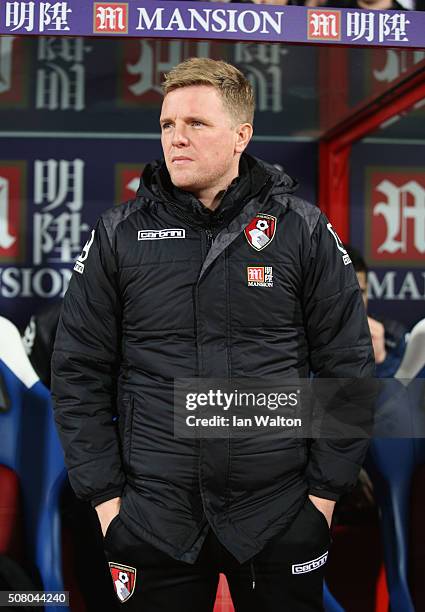 Eddie Howe Manager of Bournemouth looks on during the Barclays Premier League match between Crystal Palace and A.F.C. Bournemouth at Selhurst Park on...