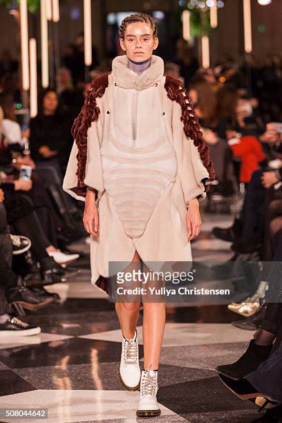 Model walks the runway at the Kopenhagen Fur's Imagine Talents 2016 fashion show ahead of the Copenhagen Fashion Week Autumn/Winter 2016 on February...