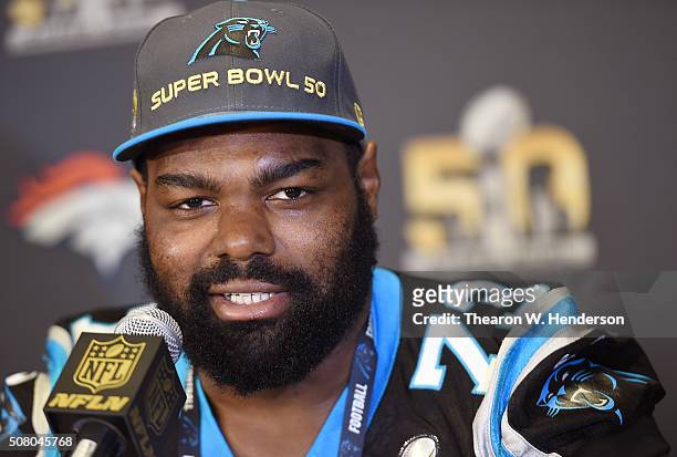 Tackle Michael Oher of the Carolina Panther addresses the media prior to Super Bowl 50 at the San Jose Convention Center/ San Jose Marriott on...