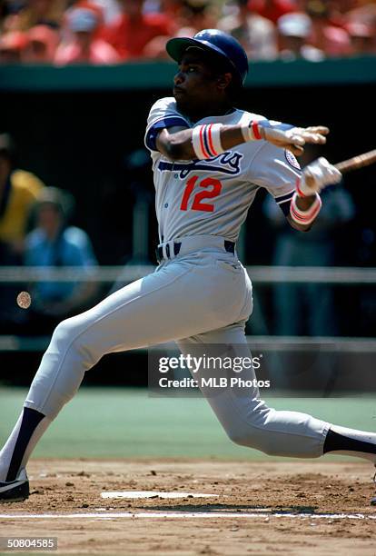 Dusty Baker of the Los Angeles Dodgers follows through on a swing during a 1980 season game.