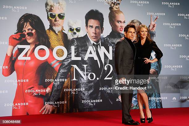 In this handout photo provided by Paramount Pictures, Actor Ben Stiller and actress Christine Taylor attend the Berlin fan screening of the Paramount...