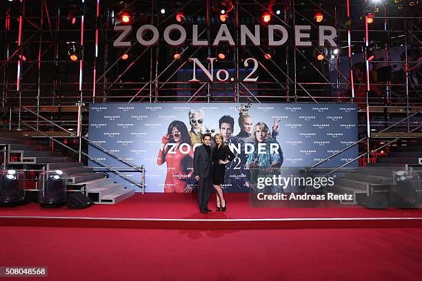 Ben Stiller and Christine Taylor attend the Berlin fan screening of the Paramount Pictures film 'Zoolander No. 2' at CineStar on February 2, 2016 in...