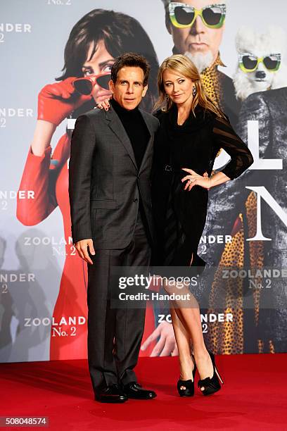 In this handout photo provided by Paramount Pictures, Actor Ben Stiller and actress Christine Taylor attend the Berlin fan screening of the Paramount...