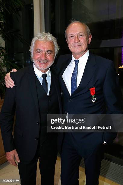 Hairdresser Franck Provost and Jean-Paul Agon attend President of l'Oreal Jean-Paul Agon receives Insignia of Officer of the Legion of Honor at...