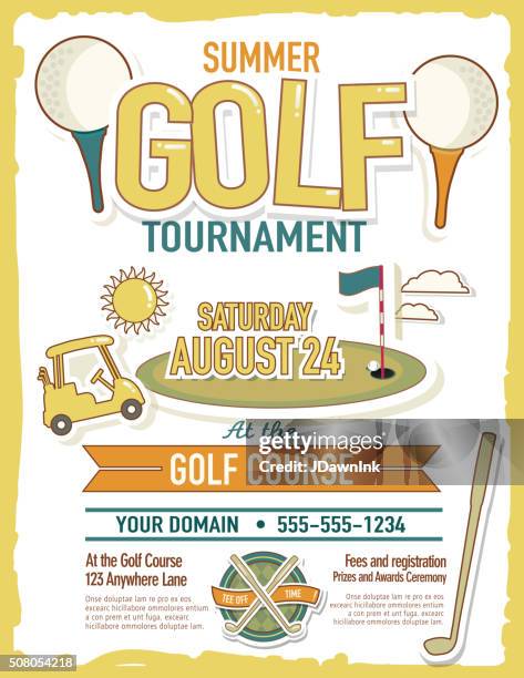 süße sommer golf-turnier mit golfwagen einladung design-vorlage - putting green stock-grafiken, -clipart, -cartoons und -symbole
