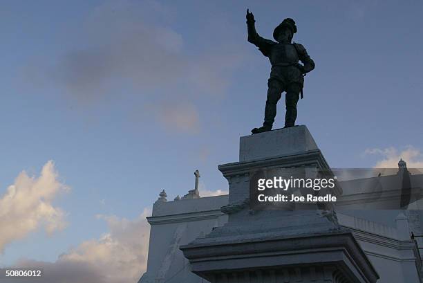 Statue of Juan Ponce de Leon sits in front of the second oldest church in the New World, San Jose Church, April 26, 2004 in Old San Juan, the...