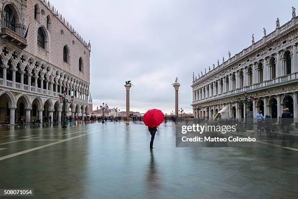 woman with umbrella in st marks square flooded, venice - venice flooding stock pictures, royalty-free photos & images