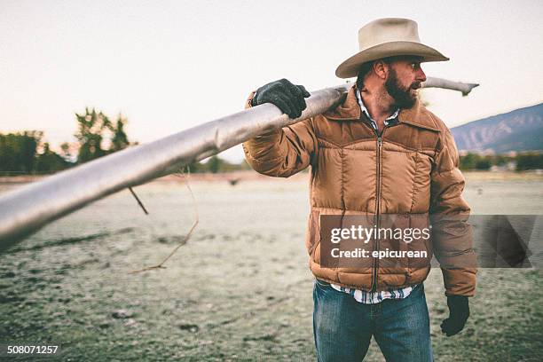 man standing in field carries irrigation pipe over shoulder - testosterone stockfoto's en -beelden