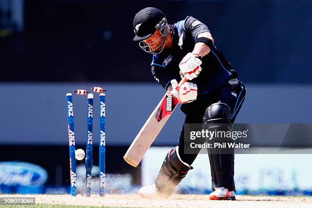 Brendon McCullum of New Zealand is bowled by James Faulkner of Australia during the One Day International match between New Zealand and Australia at...