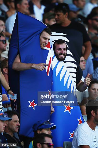 New Zealand fans are seen during the One Day International match between New Zealand and Australia at Eden Park on February 3, 2016 in Auckland, New...
