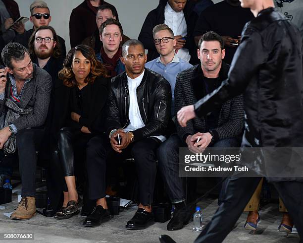 Victor Cruz and Matt Harvey are seen front row during Ovadia & Sons New York Fashion Week Men's Fall/Winter 2016 at Skylight at Clarkson Sq on...