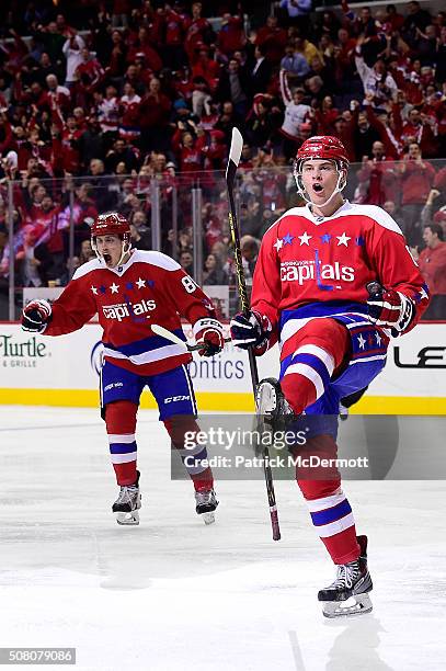 Andre Burakovsky of the Washington Capitals celebrates his third period goal during their game against the Florida Panthers at Verizon Center on...