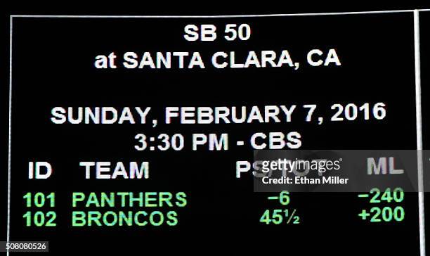 The betting line for Super Bowl 50 between the Carolina Panthers and the Denver Broncos is displayed at the Race & Sports SuperBook at the Westgate...