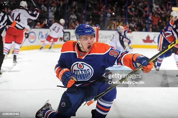 Connor McDavid of the Edmonton Oilers celebrates after scoring a goal during a game against the Columbus Blue Jackets on February 2, 2016 at Rexall...