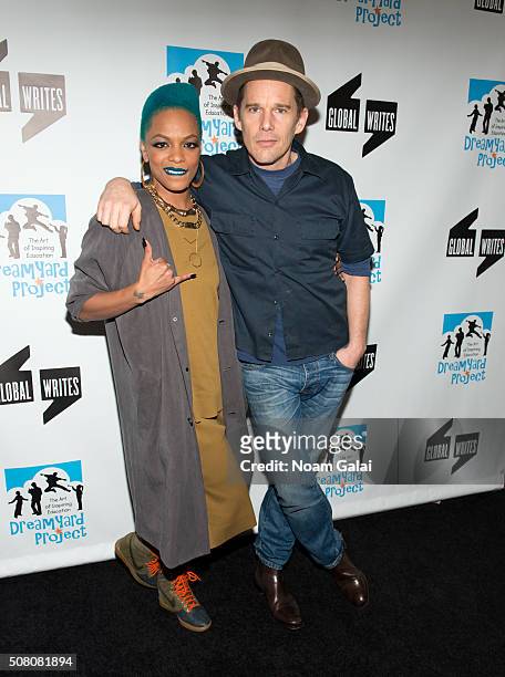 Singer Sharaya J and actor Ethan Hawke attend the Bronxwrites' Poetry Slam finals at Joe's Pub on February 2, 2016 in New York City.