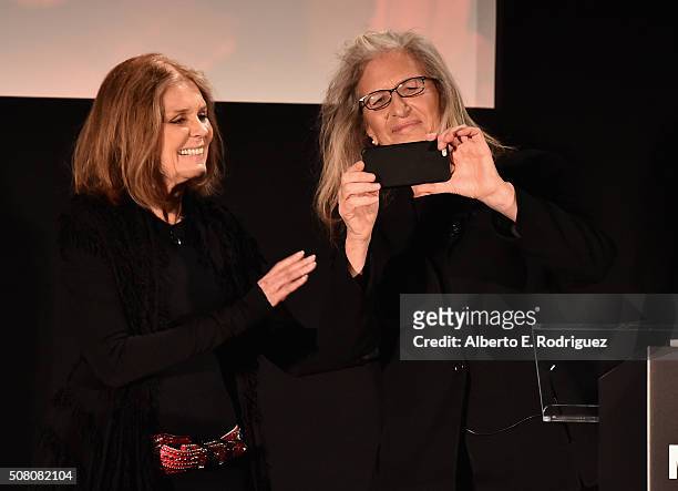 Author/activist Gloria Steinem and photographer Annie Leibovitz speak at the AOL 2016 MAKERS conference at Terranea Resort on February 2, 2016 in...